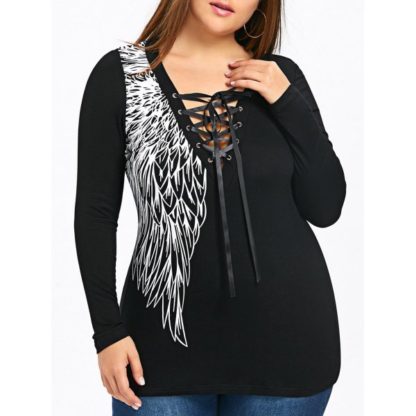 Plus Size Wings Print Lattice Front Top