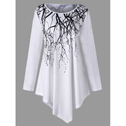 Plus Size Branch Print Asymmetric Tunic Top
