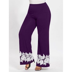 Plus Size Appliqued Floral Palazzo Pants - Purple