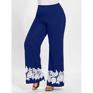 Plus Size Appliqued Floral Palazzo Pants - Blue