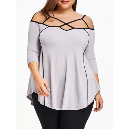 Plus Size Lattice Cut Out T-shirt - Gray