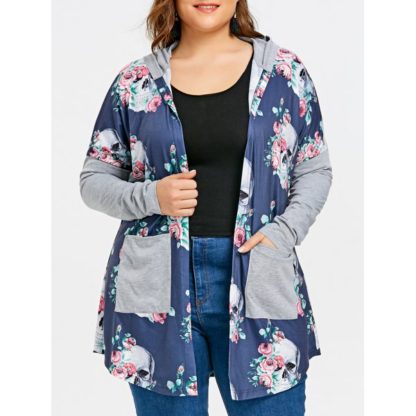 Plus Size Skulls Hooded Cardigan - Blue