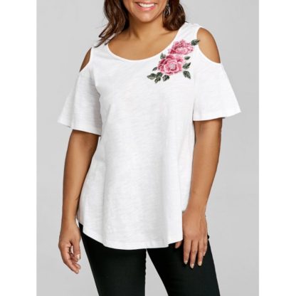 Plus Size Embroidery Appliqued Cold Shoulder T-shirt - White