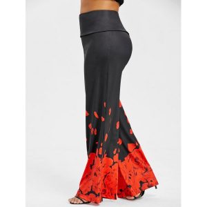 Plus Size Rose Petal Print Pants - Black And Red