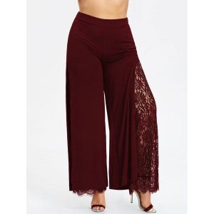 Plus Size High Slit Lace Palazzo Pants - Wine Red