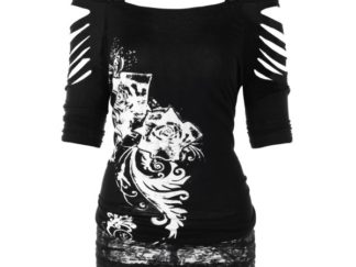 Plus Size Shredding Cold Shoulder Tunic T-shirt - Black
