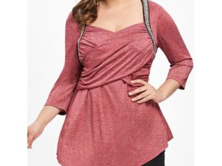 Plus Size Crossover Front Marled T-shirt - Red
