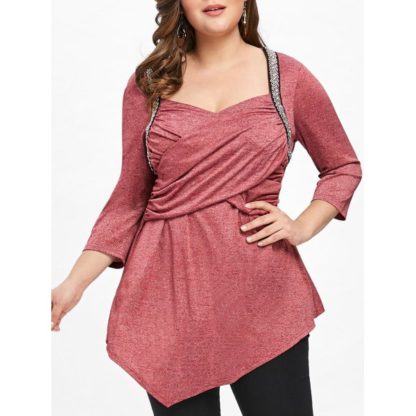 Plus Size Crossover Front Marled T-shirt - Red