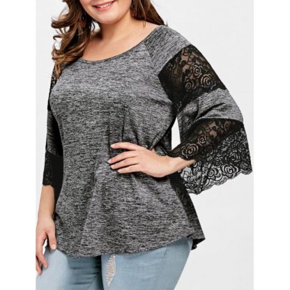 Plus Size Flare Sleeve Lace Panel T-shirt - Gray