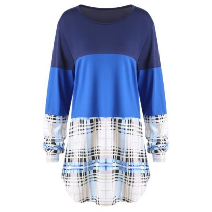 Plaid Color Block Plus Size T-shirt - Blue