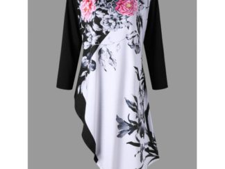 Plus Size Asymmetric Floral Print Top - White And Black
