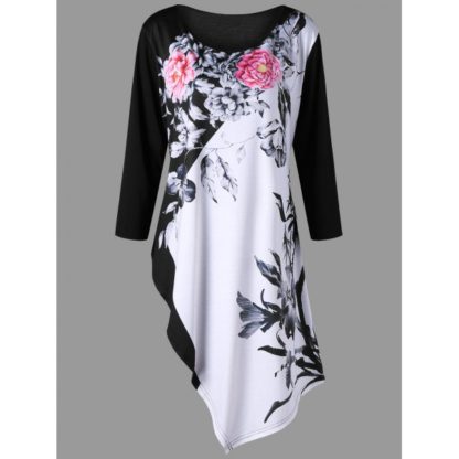 Plus Size Asymmetric Floral Print Top - White And Black