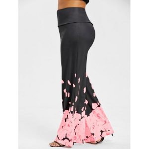 Plus Size Rose Petal Print Pants - Black And Pink