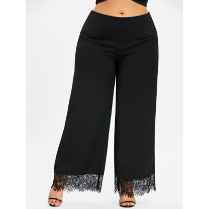 Plus Size High Waisted Lace Insert Pants - Black