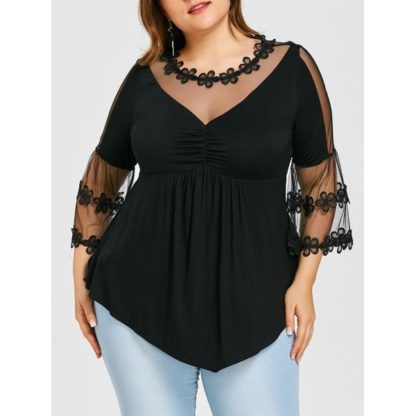 Plus Size Sheer Empire Waist Bell Sleeve T-shirt - Black