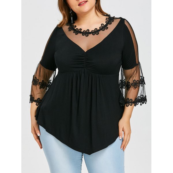 Plus Size Sheer Empire Waist Bell Sleeve T-shirt - Black - Big and Sexy ...