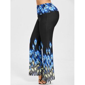 Long Plus Size Peacock Print Palazzo Pants - Blue