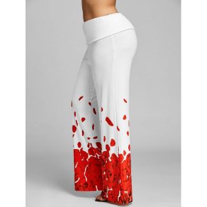 Plus Size Rose Petal Print Pants - Red And White