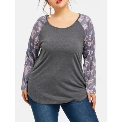 Plus Size Floral Raglan Sleeve Plain T-shirt - Dark Gray