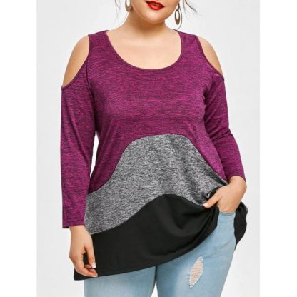 Plus Size Color Block Cold Shoulder T-shirt