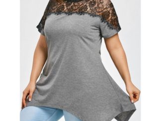 Lace Panel Plus Size Crescent Cut T-shirt - Gray