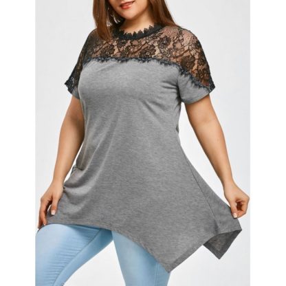 Lace Panel Plus Size Crescent Cut T-shirt - Gray