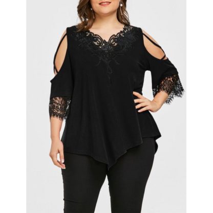 Plus Size Appliqued V Neck Cold Shoulder T-shirt