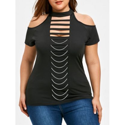 Cut Out Plus Size Cold Shoulder T-shirt - Black