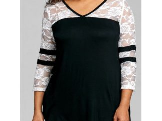 Plus Size Lace Panel V Neck T-shirt - White And Black