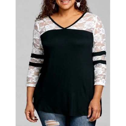 Plus Size Lace Panel V Neck T-shirt - White And Black