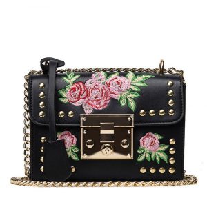 Embroidery Flower Shoulder Bag Designer PU Leather Fashion Ladies Rivet Messenger Bag - Black