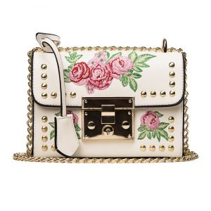 Embroidery Flower Shoulder Bag Designer PU Leather Fashion Ladies Rivet Messenger Bag - White