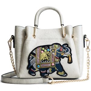 Ladies Fashion Line Embroidered Bag - White