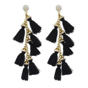 Ethnic Vintage Classic Style Irregular Colorful National Decoration Long Women Tassels Earrings - Black