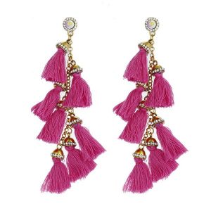 Ethnic Vintage Classic Style Irregular Colorful National Decoration Long Women Tassels Earrings - Rose Red