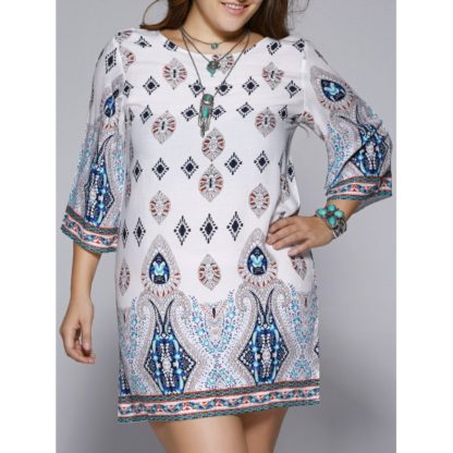Plus Size Ethnic Print Open Back Shift Dress - Colormix