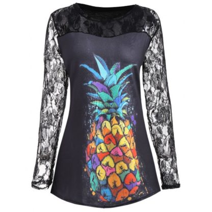 Plus Size Pineapple Print Floral Lace Insert Tee
