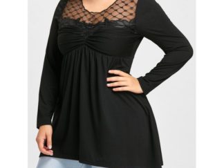 Plus Size Sheer Empire Waist Long Sleeve T-shirt - Black
