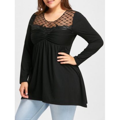Plus Size Sheer Empire Waist Long Sleeve T-shirt - Black