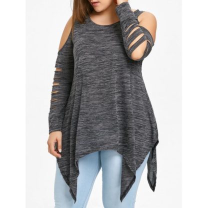 Plus Size Cold Shoulder Shredding Tunic Top - Black