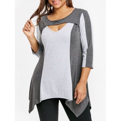 Plus Size Cut Out Two Tone T-shirt - Dark Heather Gray