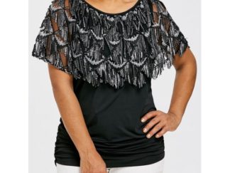 Plus Size Sequined Cape Overlay T-shirt - Black