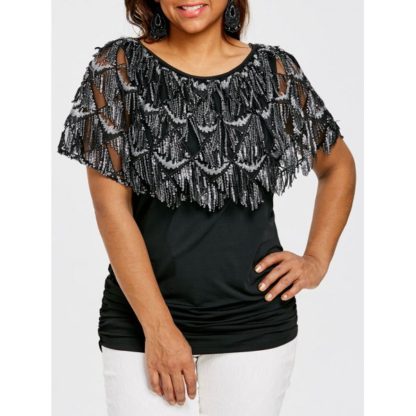 Plus Size Sequined Cape Overlay T-shirt - Black