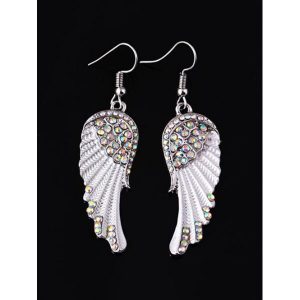Sparkly Rhinestone Angel Wings Hook Drop Earrings - White