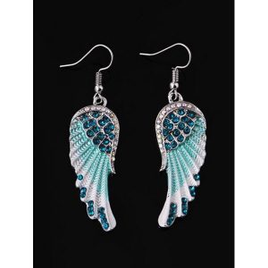 Sparkly Rhinestone Angel Wings Hook Drop Earrings - Blue