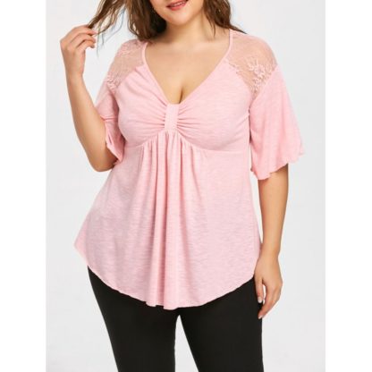 Plus Size Lace Insert Cutout V Neck T-shirt - Pink