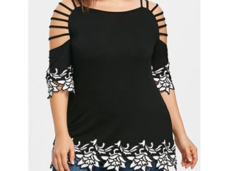 Plus Size Ladder Cut Contrast Appliqued T-shirt - Black