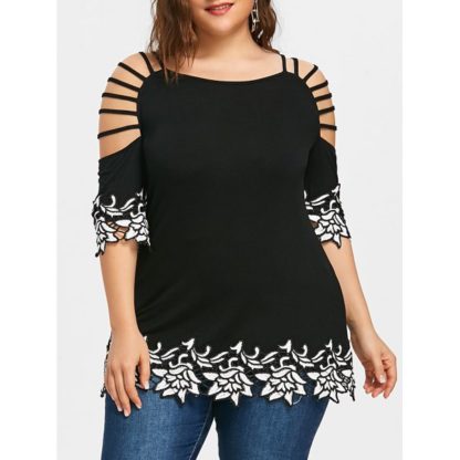 Plus Size Ladder Cut Contrast Appliqued T-shirt - Black