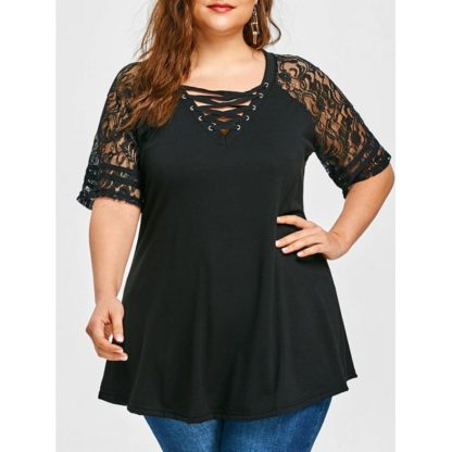 Lace Panel Plus Size T-shirt - Black