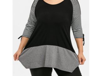 Plus Size Striped Panel Slit Sleeve T-shirt - Black And Gray